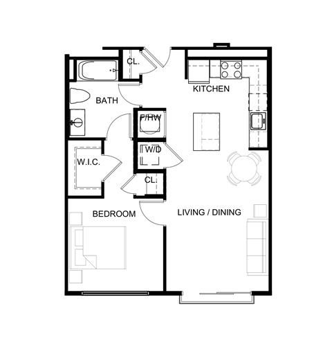 Floor plan for 1 bed, 1 bath, 700 sqft